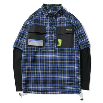

Plaid Patchwork Pocket Men Casual Shirts 2019 Autumn Harajuku Streetwear Hip Hop Cotton Male Long Sleeve Oversized