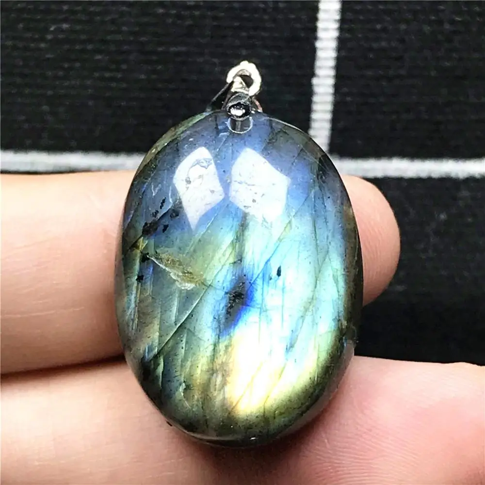 

Natural Yellow Blue Light Labradorite Necklace Pendant Jewelry For Woman Men Crystal Silver 27x20x10mm Oval Beads Stone AAAAA