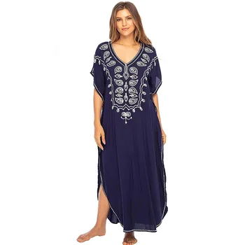 

Beach Clothing Woman Fashion 2020 Sexy Wear Sarong Cover-Ups New Cotton Embroidered Robes Loose Dress Bikini Plus Tunic Animal