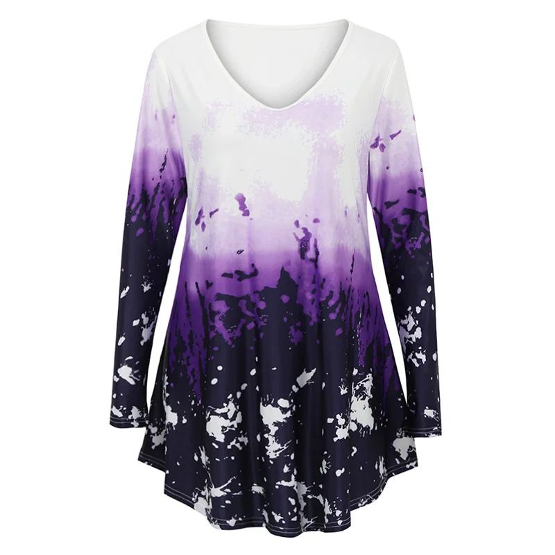 

5XL Large Size Women Tops and Blouses Colorful Gradient Print V-neck Long Sleeves Streetwear Autumn Casual Tunic Ladies Shirts