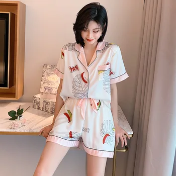 

Ice Silk Pajamas Short-sleeved Shorts Loose and Thin Girl Cute Imitation Silk Home Service Suit Summer Pijama Feminino Sleepwear
