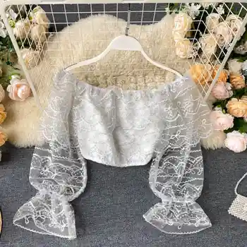 

2020 Spring Summer Women New Embroidery Layers Mesh Blouse Womens Short Midriff Off-Shoulder Top Shirt Ladies Street Blouse Tops