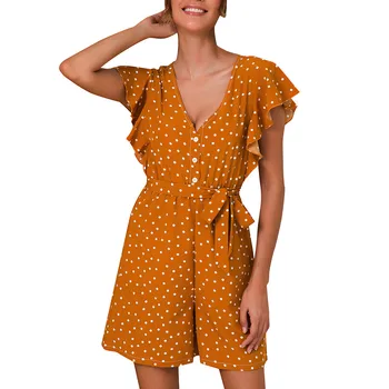 

Playsuits Women Short Jumpsuits Dot Print Shirred Frill Sleeves Jumpsuit Ladies Belted Summer Holiday Rompers 2020