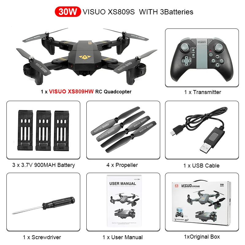 Black 30W 3Batteries VISUO XS809HW Wi-Fi FPV с широкоугольной HD камерой, режим высокой фиксации, Складная рукоятка, Радиоуправляемый Дрон, Квадрокоптер, вертолет RTF - Цвет: Black 30W 3Batteries