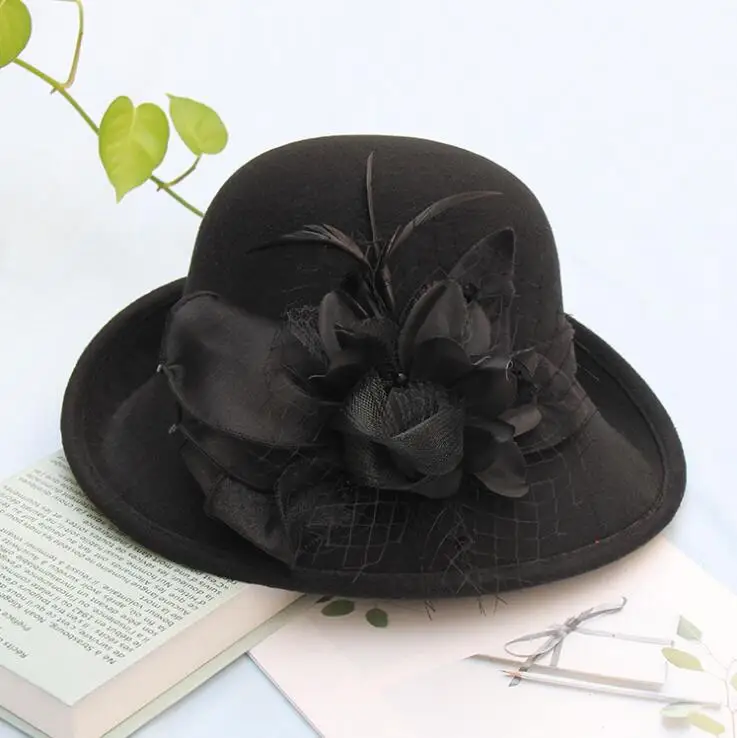 Black Зимние элегантные складные шерстяные фетровые Chruch Hat для женщин цветочные ведро Свадебные шляпы флоппи Твердые крышки Защита от солнца - Цвет: Black