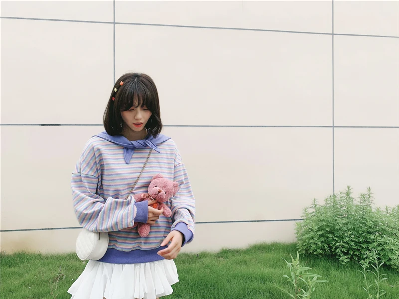 Social Harajuku фиолетовый полосатый свитер с капюшоном Женская Толстовка Зимняя хлопковая рубашка пуловер модная женская плотная Толстовка
