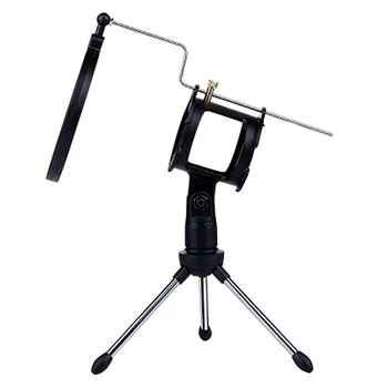 

Portable Desktop Microphone Tripod Stand with Shock Mount Anti-Vibration Mic Holder with Round Mask Shield