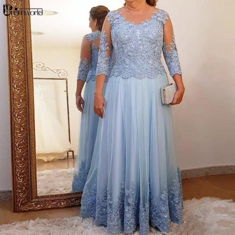 Vestidos de noche para madre de la novia, manga 3/4, apliques de tul, largo, azul, talla grande AliExpress Bodas y eventos