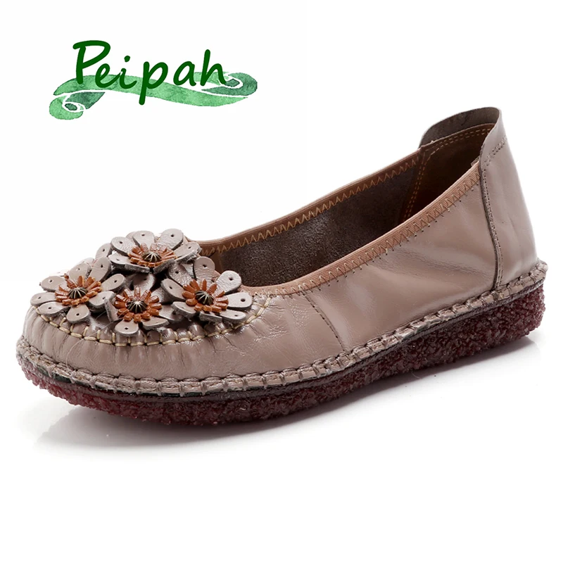 

PEIPAH New Handmade Women Genuine Leather Shoes Spring/Autumn Retro Women Flats Casual Basic Female Slip On Flat Round Toe Shoes