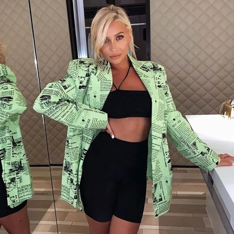 

DEAT 2019 Autumn Notched Collar Green Newspaper Print Single Breasted Button Long Slim Thin Blazer Women Coat MG719