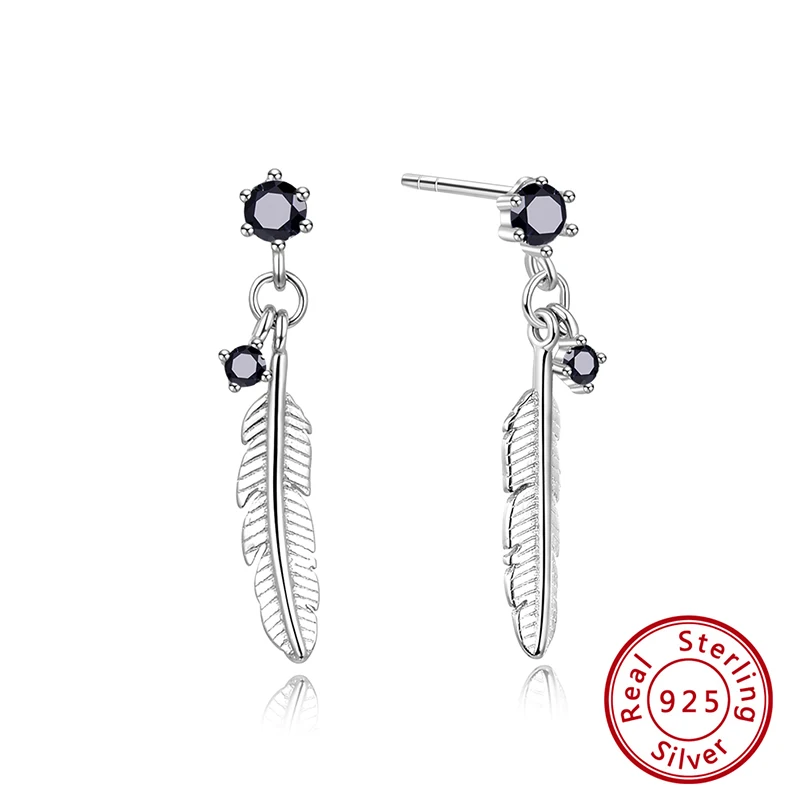 Black Zircon ORSA JEWELS настоящие 925 женские серьги-гвоздики из стерлингового серебра модные серьги в форме пера Женские Романтические милые ювелирные изделия SE186 - Цвет камня: Black Zircon
