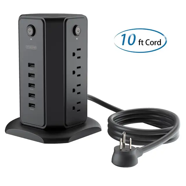 NTONPOWER US Power Strip Tower with 3M Extension Cord Surge Protector with Flat Plug 13A Circuit Breaker for Home and Office black