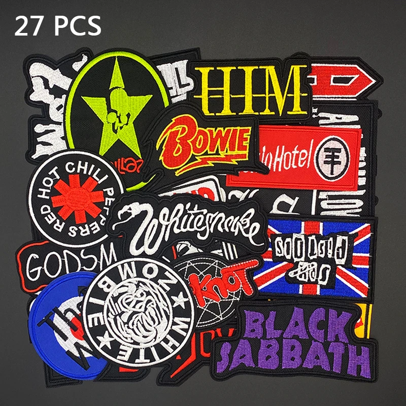27pcs/lot Metal Band Patches Iron On Rock Music Badges Punk Stickers