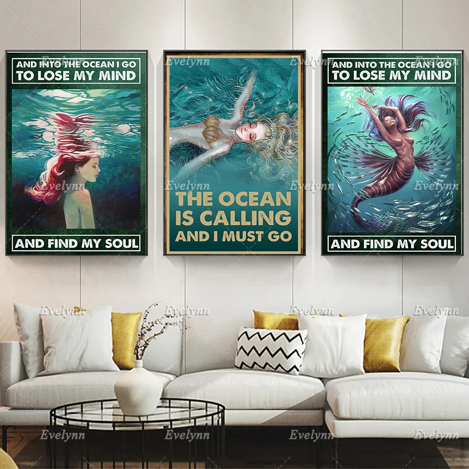 Poster Mermaid In Ocean Art/Canvas Print Home Decor Wall Art 