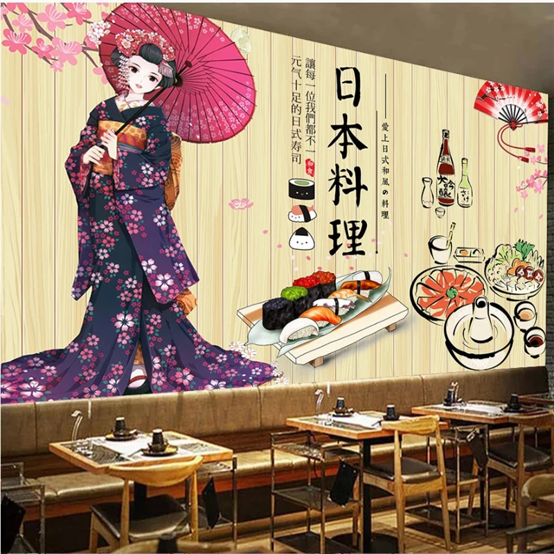 Japanese Geisha Cuisine Theme Wall Paper 3d Sushi Restaurant Industrial Decor Yellow Wood Plank Textured Wallpaper Mural 3d Wallpapers Aliexpress
