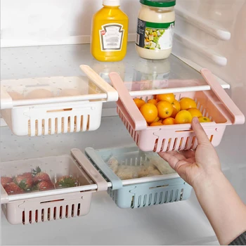 

Kitchen Container Adjustable Slide Kitchen Fridge Freezer Space Saver Organizer Storage Bags Boxs Rack Shelf Holder Refrigerator