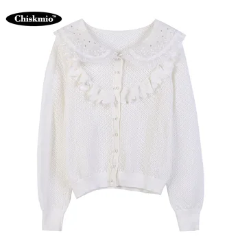 

Peter Pan Collar Lace Sweater Women Tassel Knit Cardigan Pearl Single-Breasted Outwear Ladies Sweet Style Knitwear sueter mujer