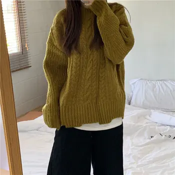 

Alien Kitty Lazy Style Retro Solid Pullovers Sweet 2019 Warm Twisted Brief Soft Loose Casual Knitted All Match Solid Sweaters