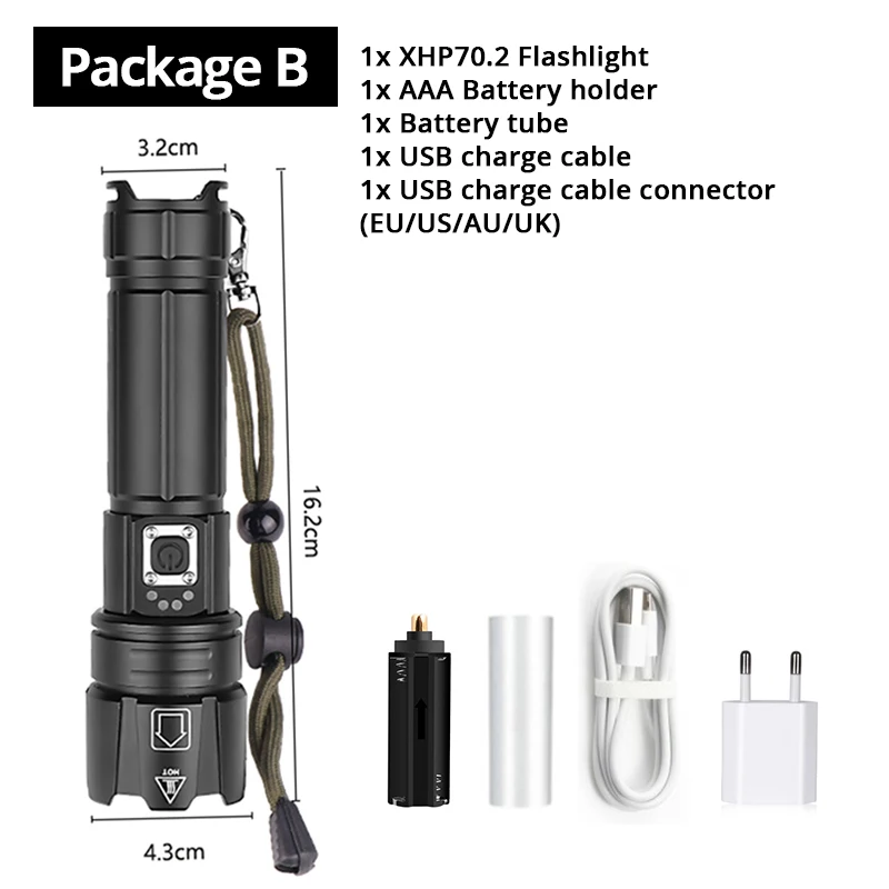 Супер яркий XHP70.2 светодиодный тактический светильник-вспышка с дисплеем батареи 5 светильник с режимом водонепроницаемости масштабируемый уличный походный охотничий фонарь - Emitting Color: Package B
