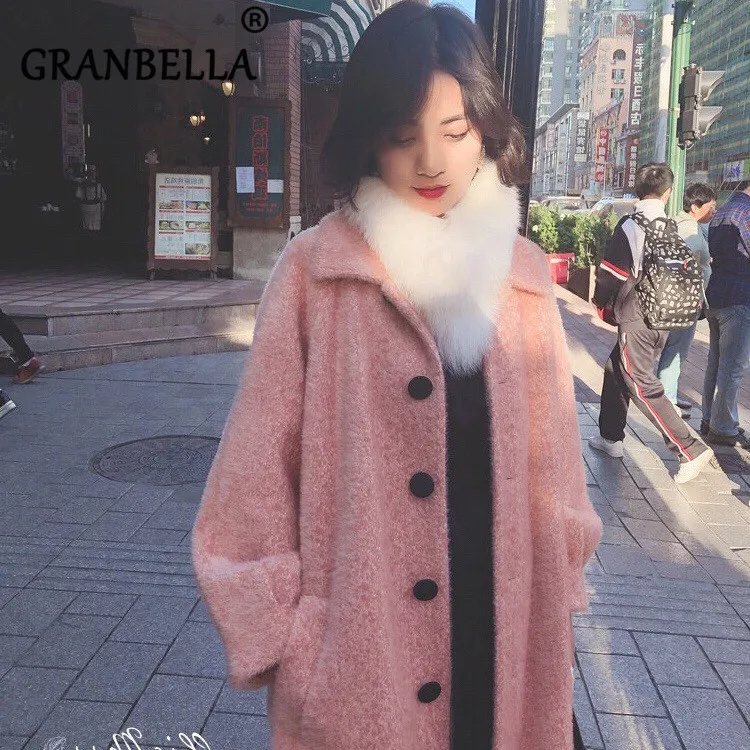 

New wool jacket for women autumn and winter long female overcoat pink elegant solid color single breasted plus size