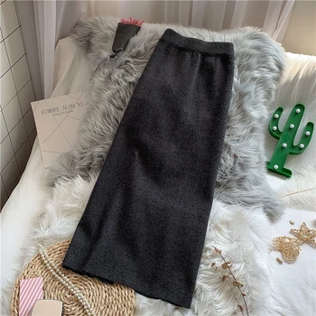 

2019 winter new knitted women skirts solid high waist A-line knee-length office lady elegant skirts top quality