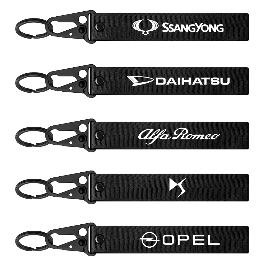 1Pcs Car 3D Metal Nylon Emblem Ribbon Key Ring Keychain Rope For Peugeot Seat Chevrolet Citroen Land Rover Mercedes BMW VW Mini