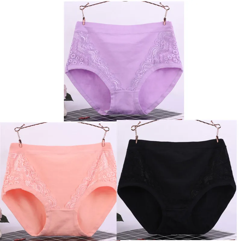 Sexy Lace Big Size High Waist Women Panties Solid Cotton Comfort Briefs Lady's Underwear Underpants Panty Intimates 6634 plus size panties Panties