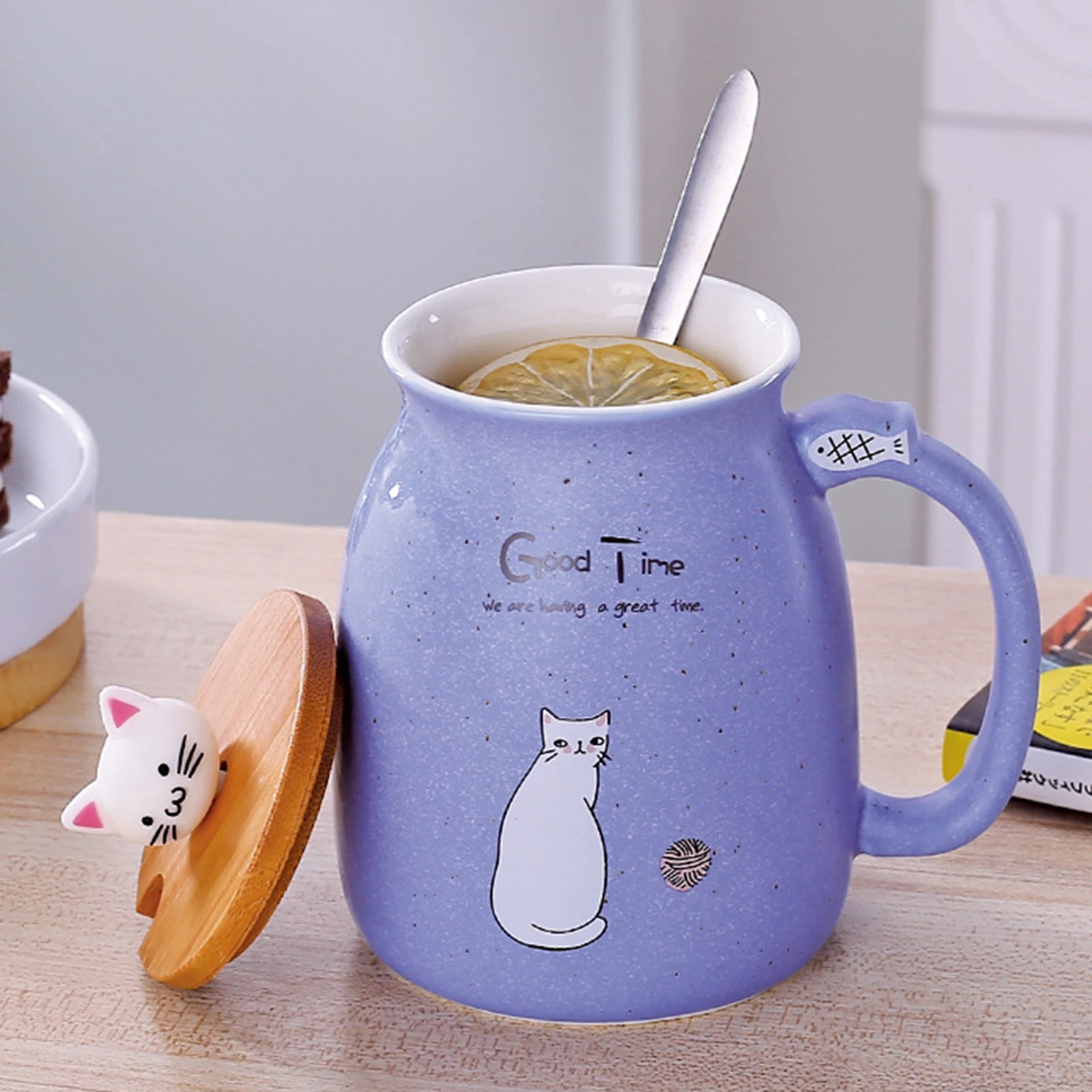 Cute Cat Ceramic Cup Hot Cold Tea Cup Milk Coffee Mug with Spoon Lid Pink