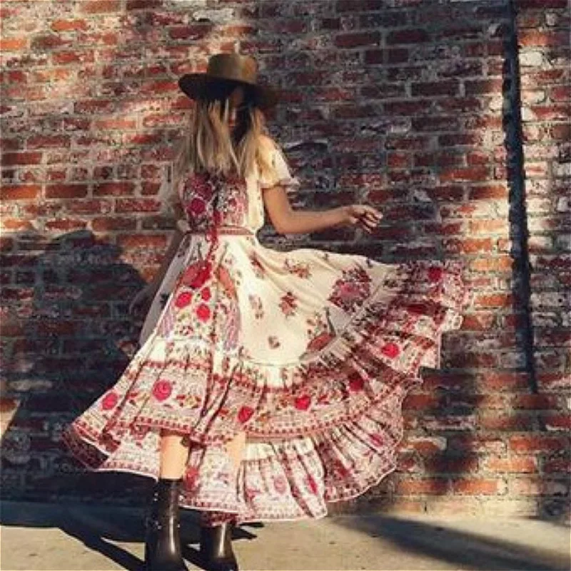 

The New Palace Retro Printed Dress Peacock Ankle-Length Slash Neck Short Sleeve Print Vintage Dress In Summer 2019