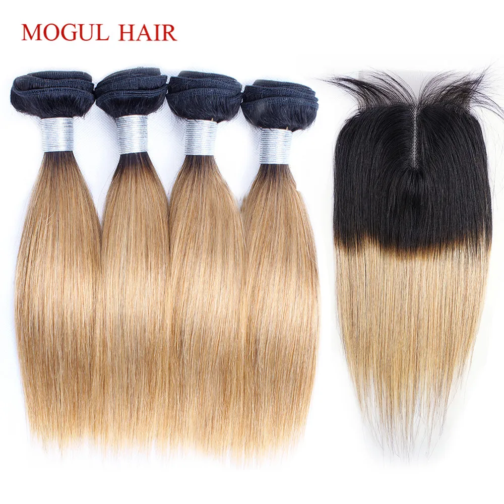 MOGULHAIR 50g/pc 4 Bundles with 4x1 Lace Closure Middle Part 1B 27 Ombre Honey Blonde Straight Remy Human Hair Weave Short Style
