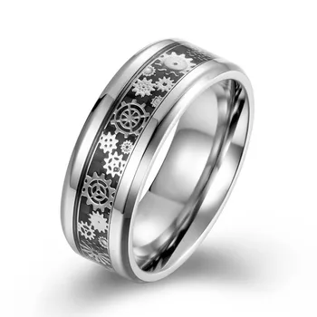 

Men Ring Titanium Steel Wedding Band with Mechanical Gear Wheel&Light Blue Carbon Fiber Inlay Beveled Edges Comfort Fit