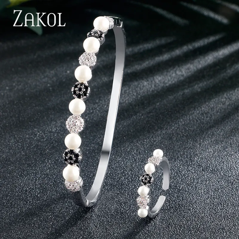 ZAKOL, винтажный кубический цирконий, Круглый, имитация жемчуга, ювелирный браслет для невесты, набор колец для женщин, свадебные, вечерние, подарок, FSSP3111