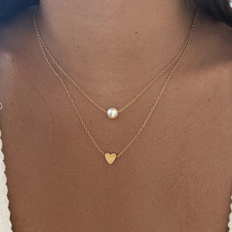 Imitation Pearl Love Heart Double Layer Necklace