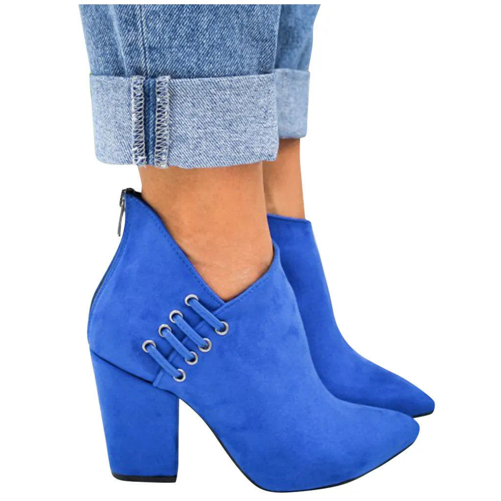 Горячая распродажа; женские ботинки; пикантные синие вечерние туфли на высоком каблуке для женщин; однотонные замшевые туфли с острым носком; женские ботинки; обувь