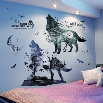 

[shijuekongjian] Wolf Forest Wall Stickers DIY Nature Animal Mural Decals for Kindergartrn Nursery School Home Decoration