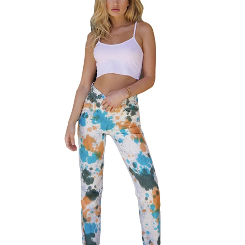

Fashion Women Straight Leg Denim Pants Casual Mid Waist Graffiti Print Loose Fit Boyfriend Jeans Ladies Pants Street Trousers