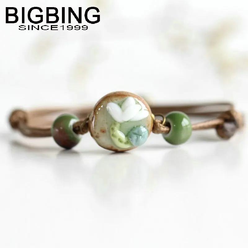 

C047 BIGBING Jewelry Fashion ceramic charm lotus Bracelet Hand knitting bracelet high quality nickel free Free shipping