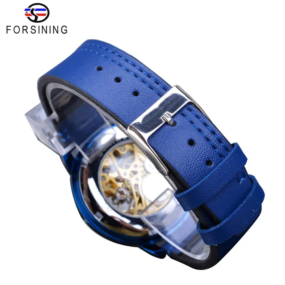 Forsining-Reloj mecánico para Hombre, accesorio masculino de pulsera resistente al agua con correa de cuero genuino, diseño analógico ultrafino, color azul, estilo Casual y deportivo - Imagen 5