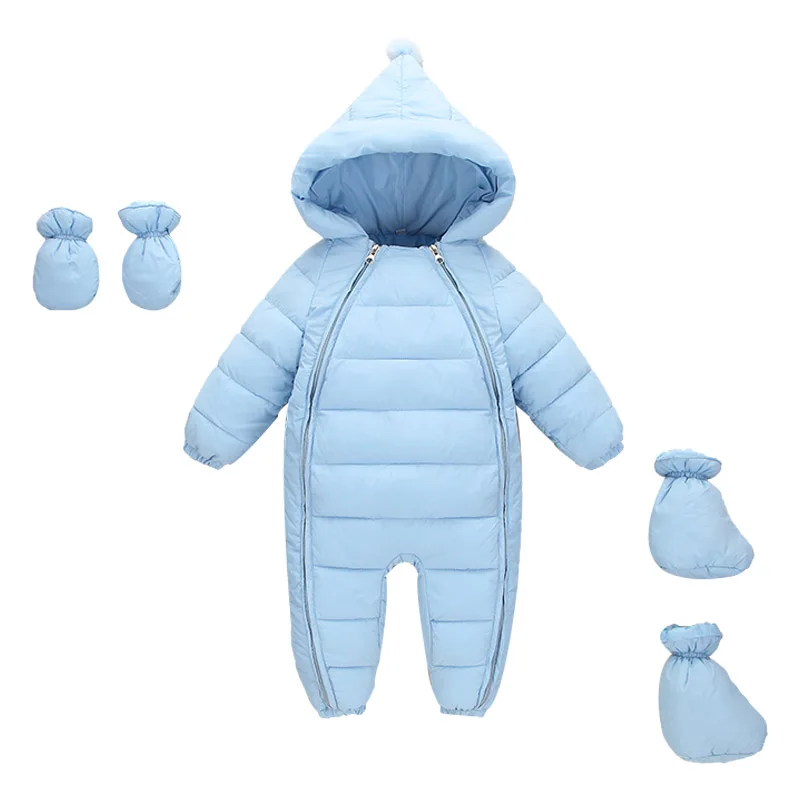 Зимние комплекты одежды из хлопка с длинными рукавами для новорожденных мальчиков и девочек; милый удобный однотонный теплый зимний комбинезон из 3 предметов; комбинезон на молнии - Цвет: Небесно-голубой