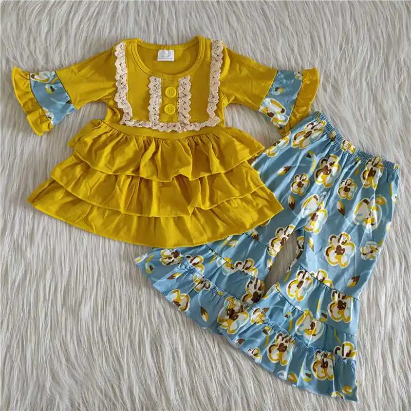 Wholesale Baby Girls Clothes Fall Winter Blue Kids Lace Pocket Dots Shirt Ruffle Striped Pants Boutique Children Infant Outfit newborn clothes set Clothing Sets