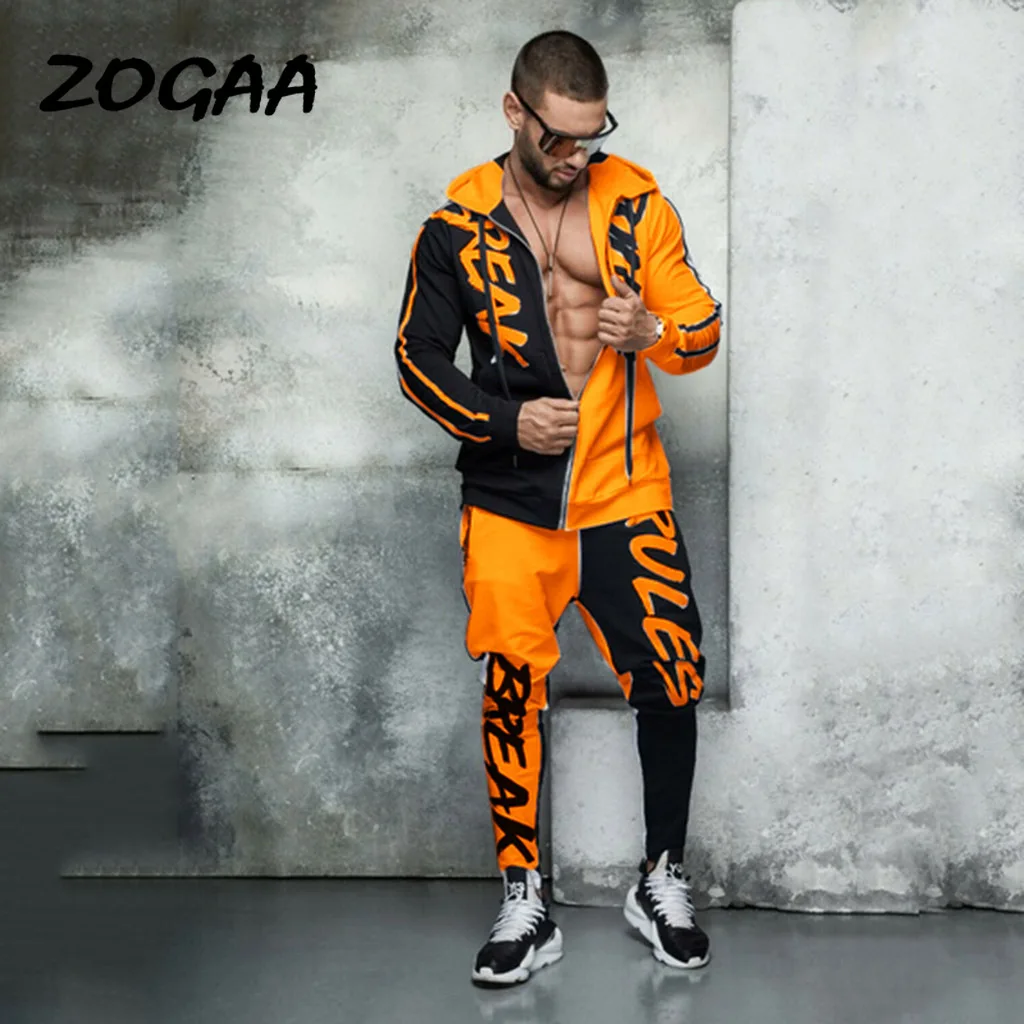 

ZOGAA 2020 Men's Sports Suit Hooded Letter Color Matching Personality Hip Hop Zip Cardigan Men's Sports Suit Hot Sale