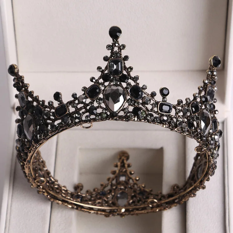 Black Crystal Tiaras Bridal Large Round Crown Baroque Wedding Hair Accessories 