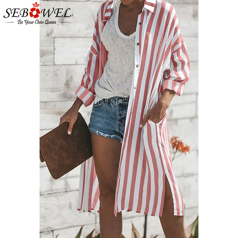 SEBOWEL черный, белый, розовый черепаха Bay Pocketed Duster кардиган женское пляжное платье Кнопка купальник с длинным рукавом накидка для пляжа