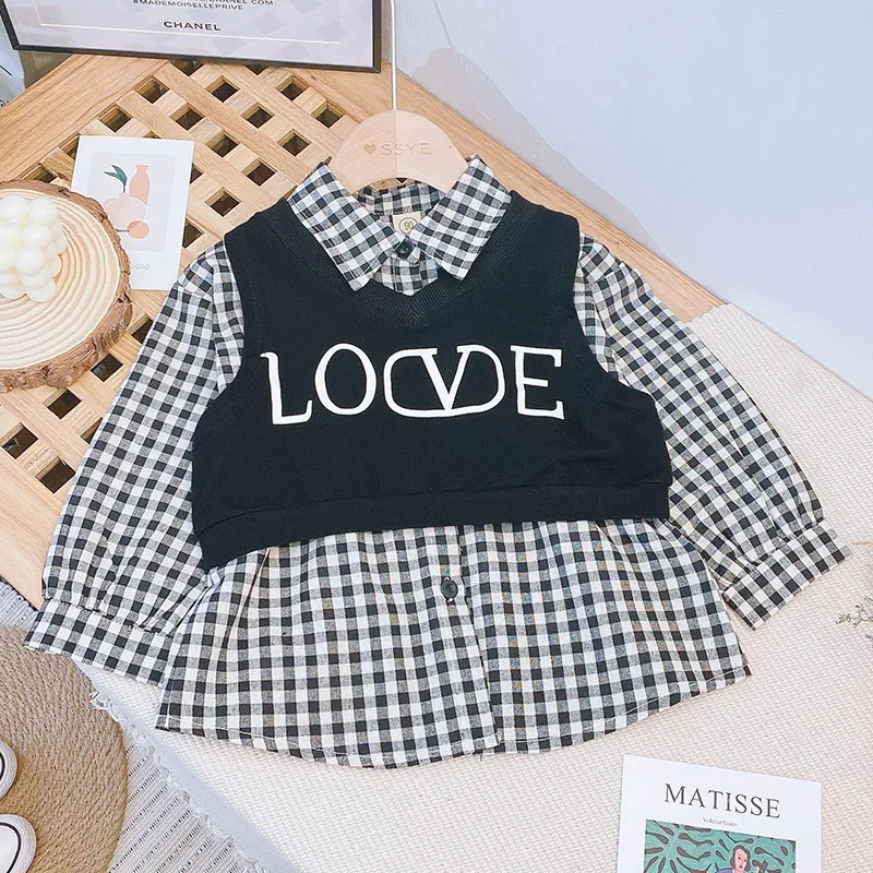 

Girls Letter Printed Vest Plaid Long-sleeved Shirt Two-piece Girl Christmas Outfit Kids Clothes Kids Clothes Girls Baby Clothes