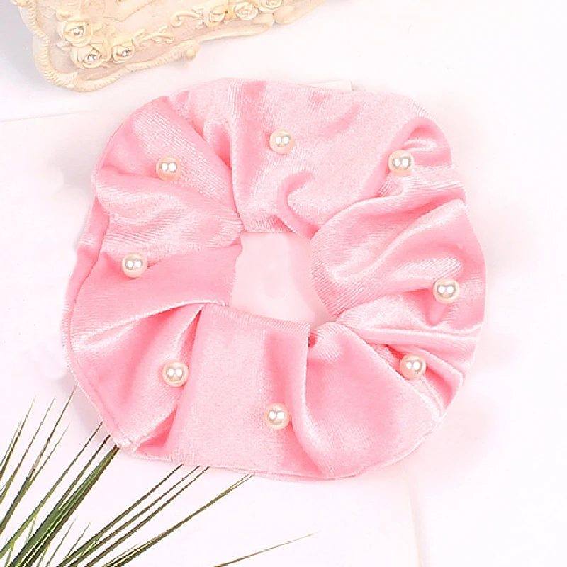 Soft Flannel Scrunchies With Pearl Rope Ties Elastic Hair Bands For Women Sweet Solid Color Ponytail Holder for Hair Accessories