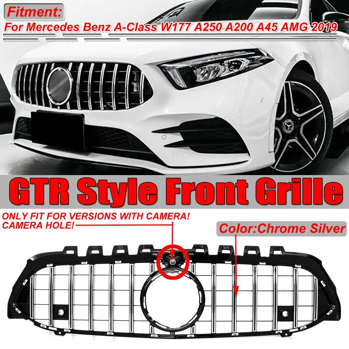 輝い スタイルの車のグリルグリルメルセデスのための Gtr クロームシルバー W177 W177 19 カメラホールなし Amg 5 00 50 海外商品購入代行 Hlt No