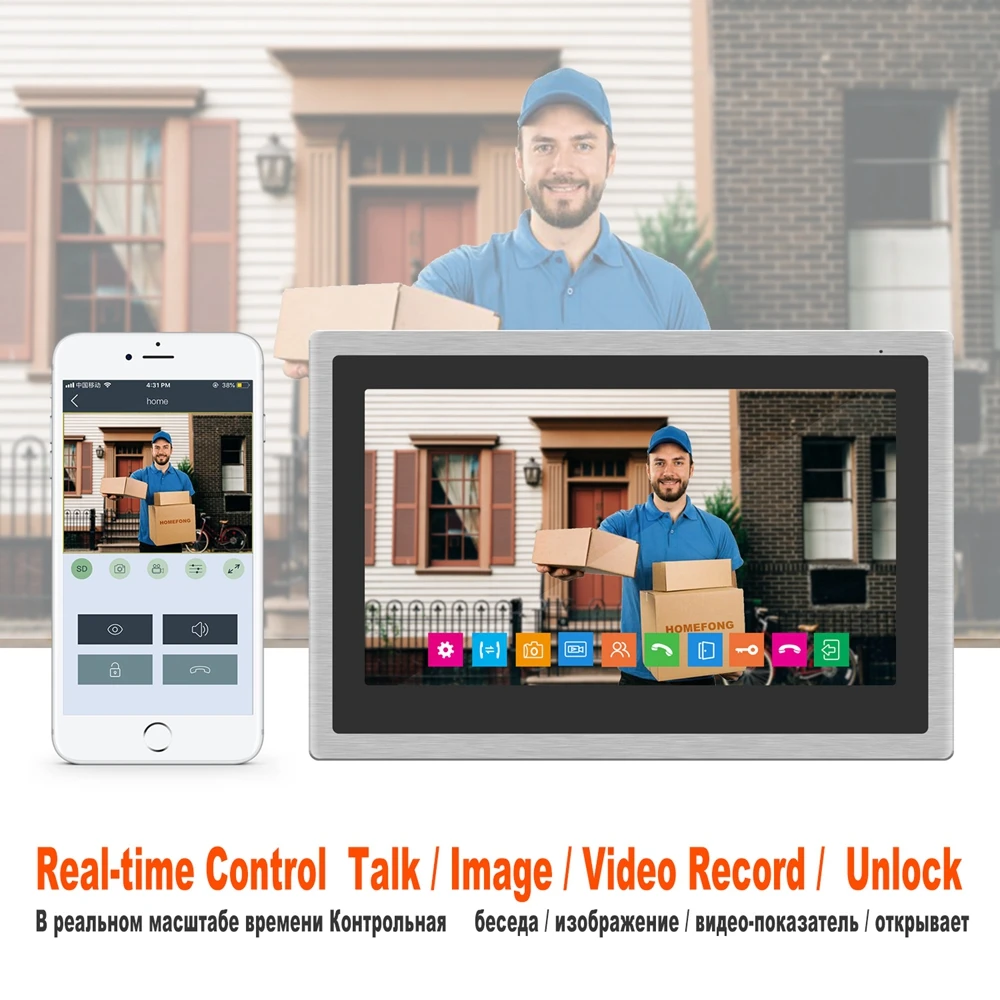 HD видео домофон Интерком Беспроводной видео-телефон двери Главная система управления дверью с 10 дюймов Сенсорный экран смарт-телефон в режиме реального времени Управление
