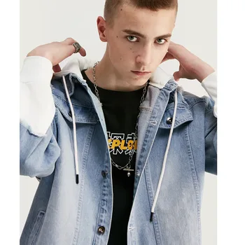 

EWQ / men's wear tide spring new hole vintage denim color block patchwork knitted loose coat male 2020 new hooded jacket 9Y1550