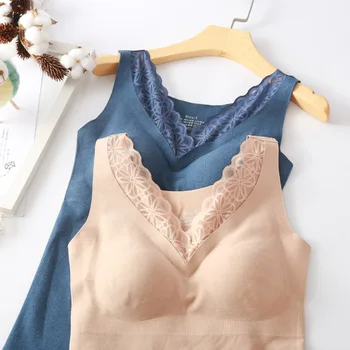 

Winter German Velvet Seamless Thermal Underwear Vest Female Self-cultivation Base Double-sided Heating Vest V-neck Lace Top