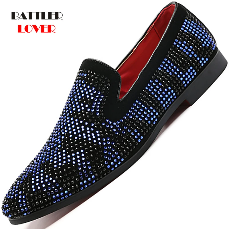 2019 New Men Loafers Red Blue Diamond Rhinestones Spiked Loafers Men